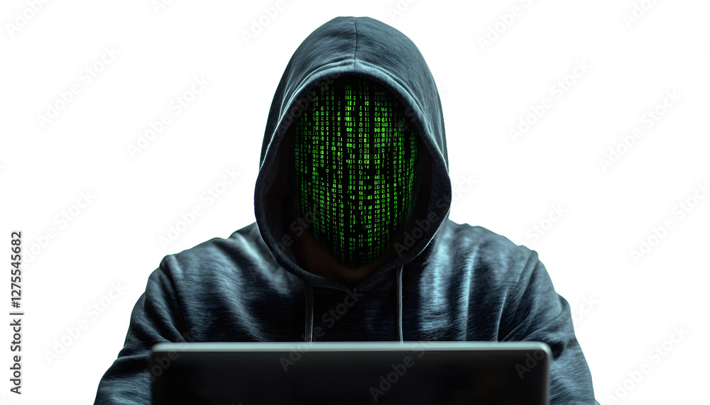 Poster hacker in hoodie and mask that hides his face works at laptop. png isolated on transparent backgroun