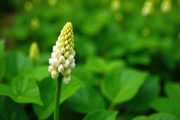 lush green foliage with white hosta buds upright, plant, hosta, nature