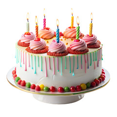 birthday cake with candles isolated on transparent white background, clipping path