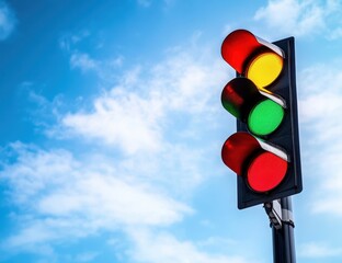 Traffic Light Displaying Red, Yellow, and Green Lights Against a Clear Blue Sky