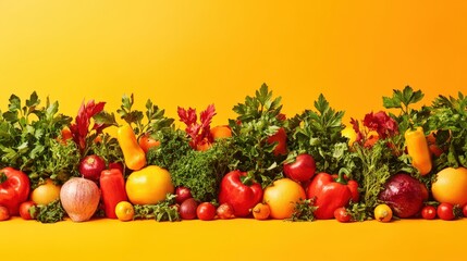 Vibrant display of fresh vegetables and greens against a bright orange background, ideal for healthy living themes