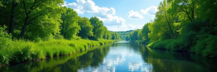 Obraz premium Lush vegetation and overgrown riverbanks meet the summer sky, foliage, nature, water
