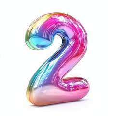 Number 2 made of glossy colorful plastic with smooth reflections isolated on a clean white background