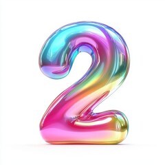 Number 2 made of iridescent opal with shifting rainbow colors isolated on a clean white background