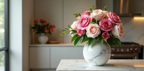 Luxurious marble vase holding a stunning high-end floral arrangement, vases, marble decor