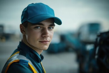 Obraz premium Confident Young Male Worker in Blue Cap and Safety Vest