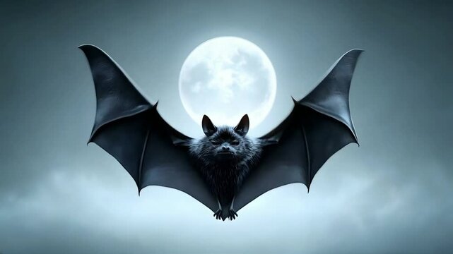 A dark, mystical bat with glowing eyes spreads its wings against a full moon, creating a surreal and eerie atmosphere, perfect for Halloween and gothic themes.