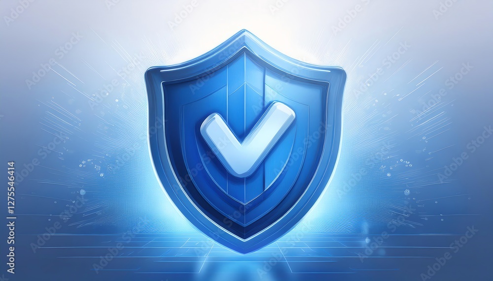 Poster a sleek blue shield symbol with a check mark, representing security and trust in a digital context.