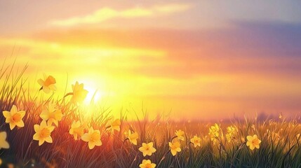 A vast field of blooming yellow daffodils stretches toward the horizon, bathed in the golden light of a sunset. Rolling hills and distant mountains complete the serene spring landscape. Generative AI
