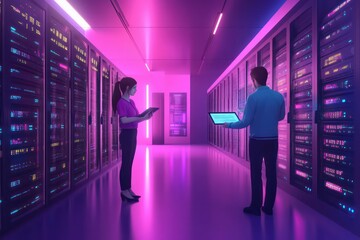 Male and female IT engineers checking servers in server room with help of tablet.