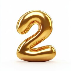 Number 2 made of polished gold with smooth reflections isolated on a clean white background
