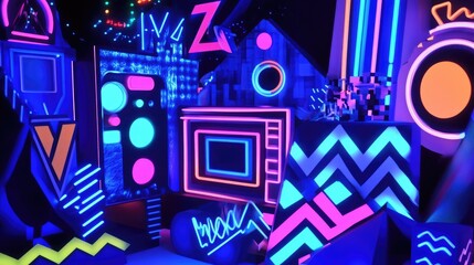 Neon shapes and chunky 90s geometric patterns with vintage phones and Walkman players scattered across.