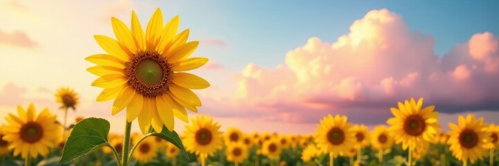Obraz premium Majestic sunflower dominates the scene with its bright yellow petals against a backdrop of soft pink clouds, nature, soft, sky