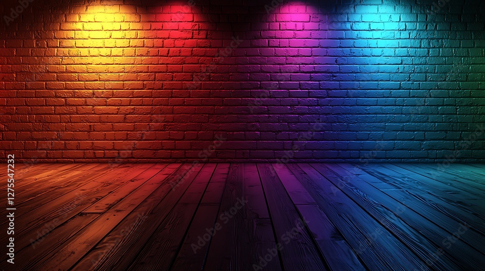 Poster colored spotlights illuminate brick wall and wooden floor, creating a vibrant, abstract background f