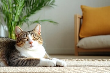A cat on a carpet in a relaxed position a cat stretched out on a carpet in a cozy room, next to soft pillows and an armchair, creating an atmosphere of warm comfort and tranquility. 