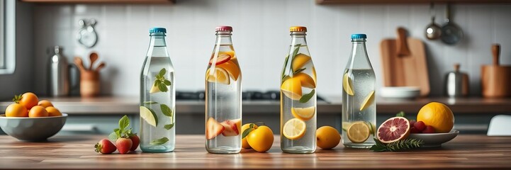 Bottles of fruit infused water displayed on wooden table in kitchen setting, table, beverage
