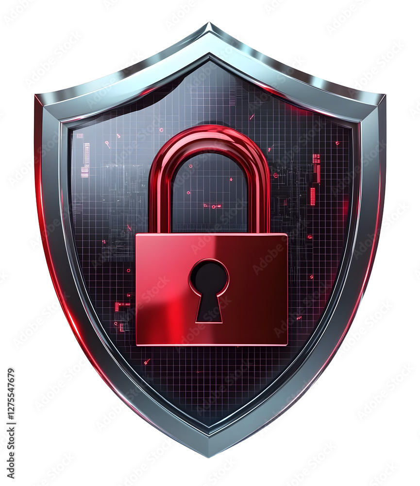 Poster shield with padlock depicting digital security in 3d style isolated on transparent background - gene
