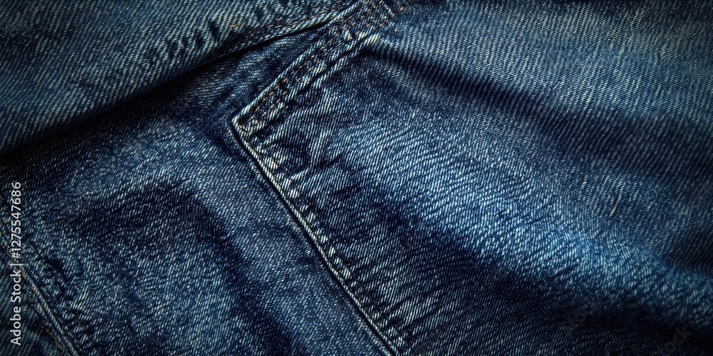 Poster detailed close-up of deep blue denim fabric showcasing its unique texture and stitching patterns wit