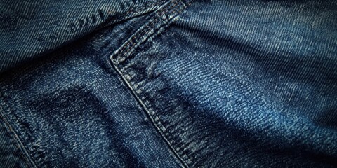Naklejka premium Detailed close-up of deep blue denim fabric showcasing its unique texture and stitching patterns with a focus on intricate craftsmanship and style.