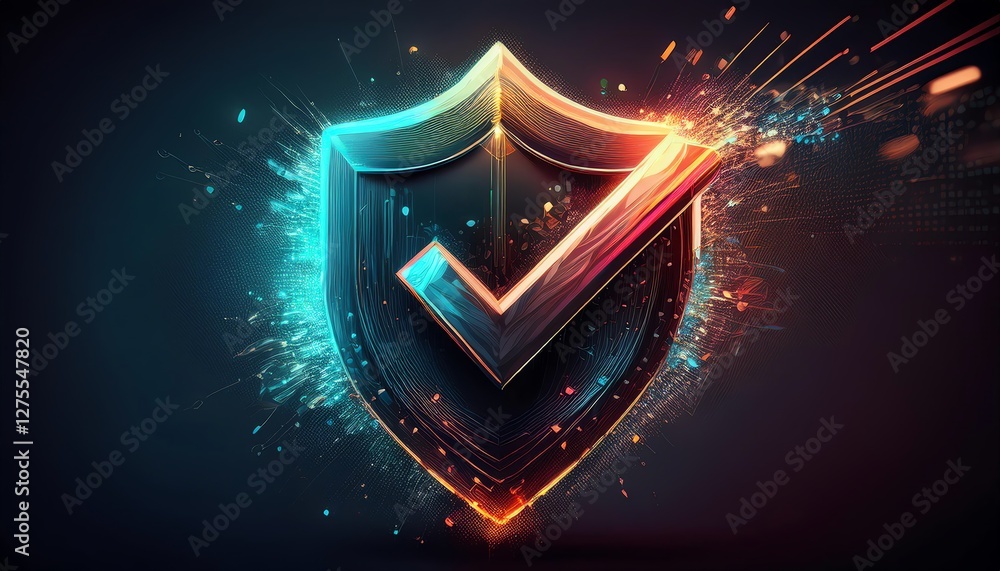 Poster a colorful digital shield with a checkmark, symbolizing security and validation, surrounded by dynam