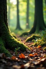Obraz premium Sunlit Forest Floor Mossy Tree Roots, Fallen Leaves, and Emerging Spring Growth