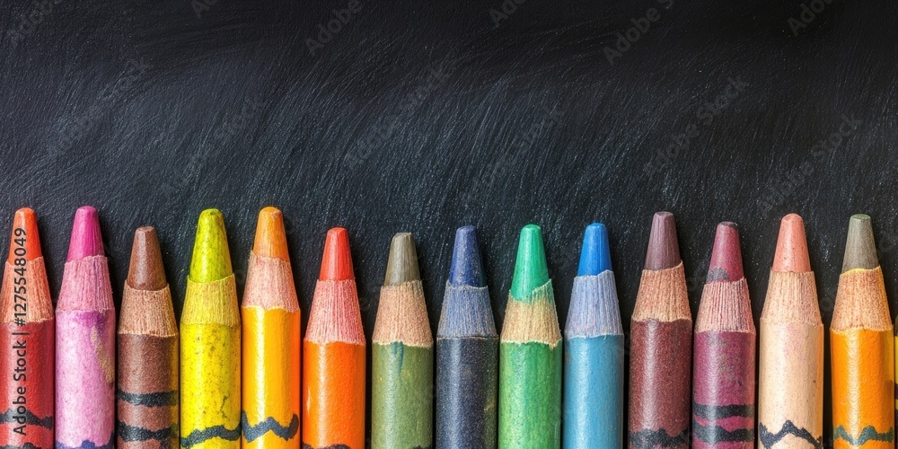 Aufkleber multicolored crayons in a straight line on a black chalkboard background with ample blank space abov
