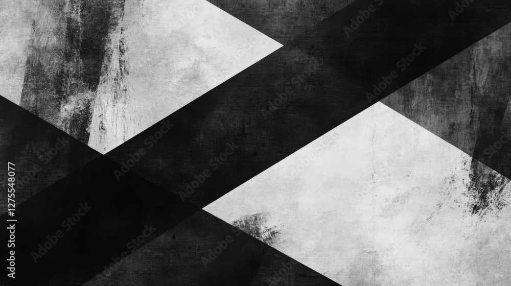 Poster monochromatic diagonal lines crossing through layered polygons, creating a structured, modern abstra