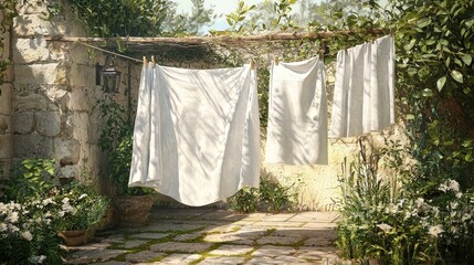 White linen clothes hanging on a clothesline under blooming spring branches. Sunlight filters through the fabric, creating a warm and peaceful countryside scene. Generative AI