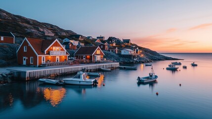 Obraz premium Charming coastal village at twilight with boats reflecting on calm waters in distant horizon. Generative AI