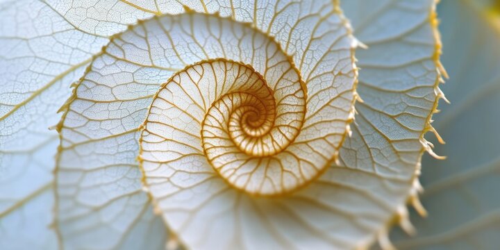 Intricate close-up of a spiraling leaf texture in soft cream and golden tones, set against a gently blurred teal background, showcasing natural elegance.