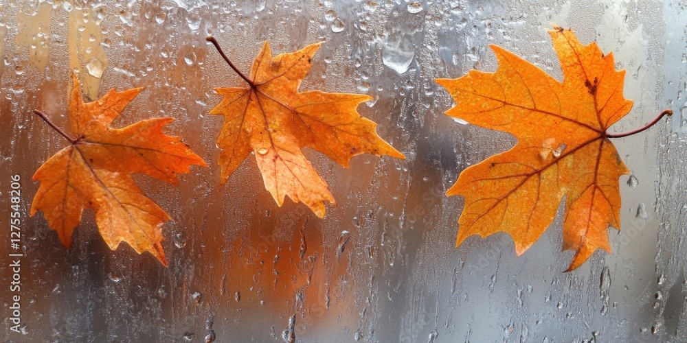 Poster autumn scene with vibrant orange maple leaves on a wet glass window showcasing raindrop textures and