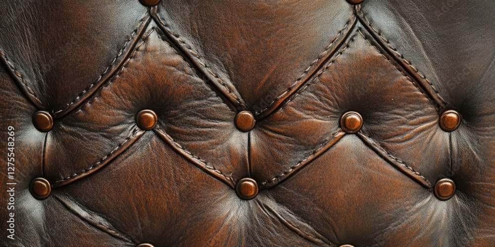 Poster textured brown leather background with prominent stitching and button details, creating a vintage, e
