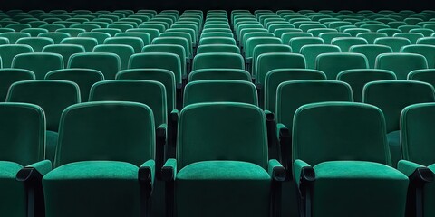 Naklejka premium Empty rows of plush green cinema seats in a darkened theater with a gradient background creating a cozy atmosphere and inviting ambiance.