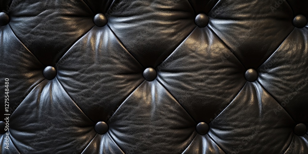 Fototapete Black leather upholstery texture featuring a uniform pattern of tufted black buttons highlighted by soft reflections and deep shadows across the surface.