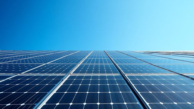 a hyper-realistic image of large, modern solar panels installed in a grid pattern under a clear, vibrant blue sky. The solar panels are clean, reflective, and positioned at an angle, highlighting thei