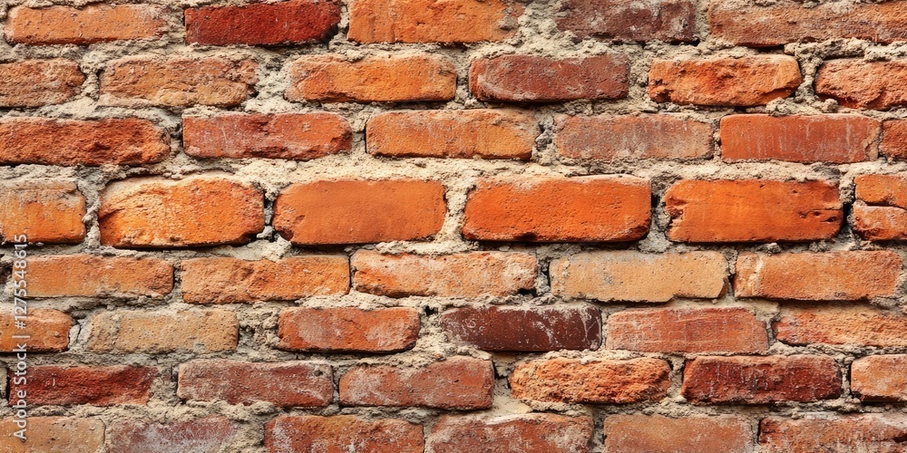 Poster textured red and orange brick wall with irregular patterns and weathered mortar showcasing a rustic 