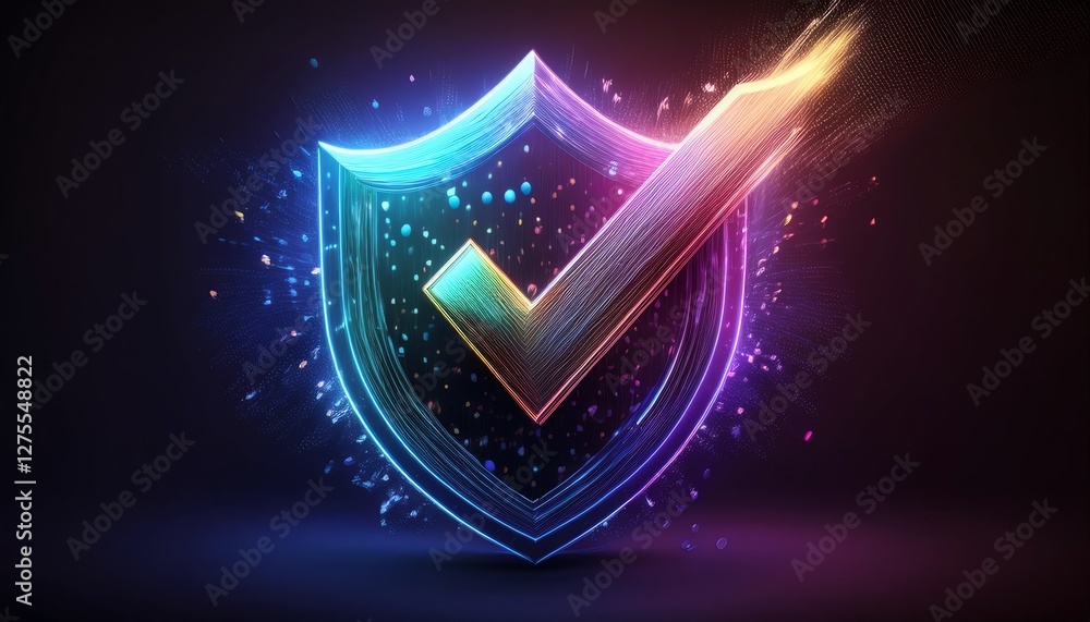 Poster a glowing shield emblem with a checkmark symbolizes security and trust in a digital space, featuring