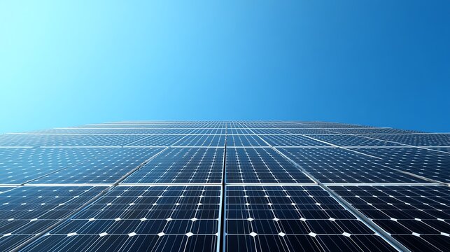 a hyper-realistic image of large, modern solar panels installed in a grid pattern under a clear, vibrant blue sky. The solar panels are clean, reflective, and positioned at an angle, highlighting thei