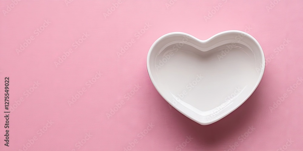 Poster Heart-shaped white dish on a soft pink backdrop, centrally positioned with ample copy space, ideal for showcasing cherished items or text.