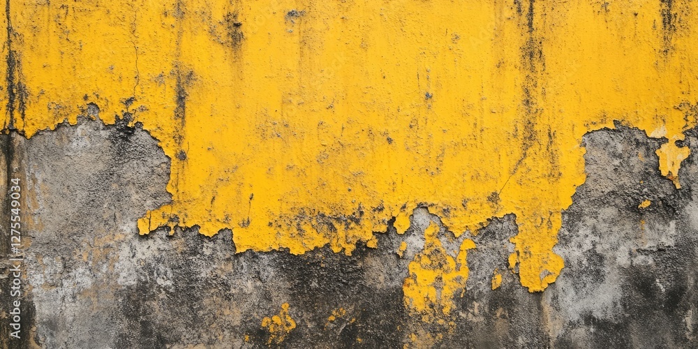 Aufkleber Textured concrete surface with peeling paint in vibrant yellow and weathered grey, creating an artistic abstract backdrop with rich color contrast.