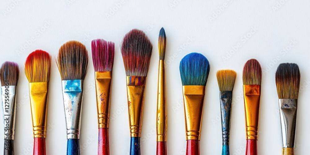 Aufkleber colorful artist paintbrushes arranged neatly on a white background with various bristle shapes and s