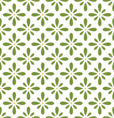 Minimalist seamless pattern green floral shapes with small orange centers, off-white background.