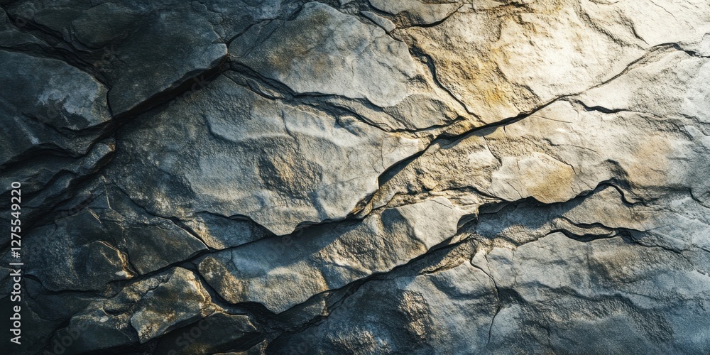 Poster Detailed rock surface background with intricate textures in shades of gray and subtle gold highlights, ideal for nature and geological themes.