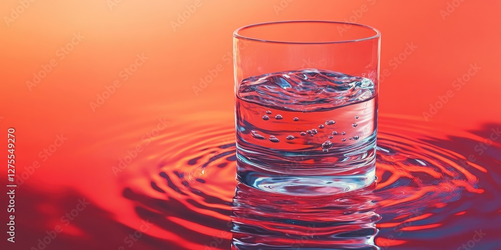 Poster transparent glass filled with water creating ripples on a vibrant red-orange background with softly 