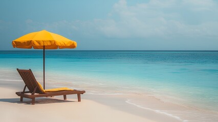 Relaxing Tropical Beach with Lounge Chair and Umbrella – Serene Ocean Getaway