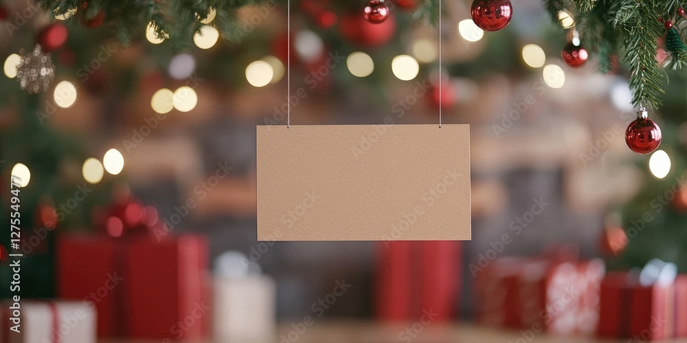 Aufkleber brown greeting card hanging in front of festive christmas backdrop with blurred lights and red ornam