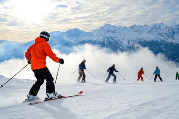 Freestyle Skiers a group of skiers performs acrobatic stunts at a ski resort, snow clouds underfoot, mountains in the background, the energy and fun of winter sports. 