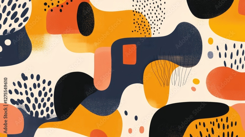 Poster flat colorful illustration featuring surreal forms and bright color splashes, creating a whimsical a