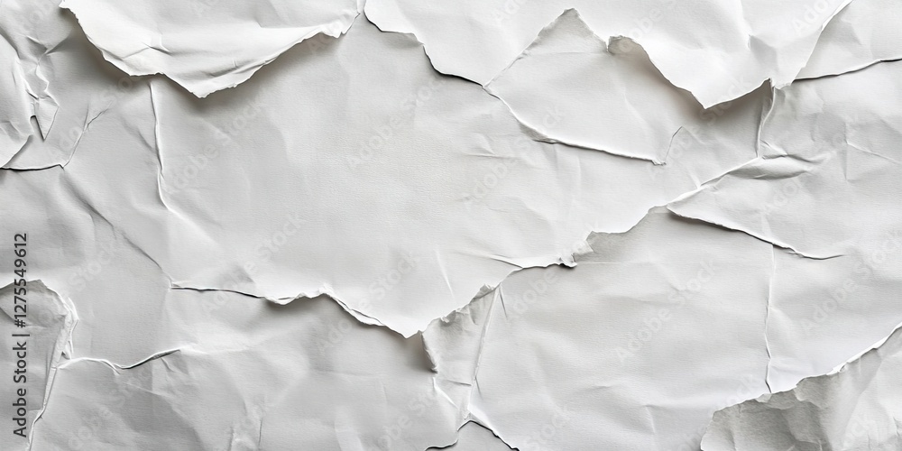 Poster crumpled white paper texture with varying shades of white and subtle creases, creating an abstract b