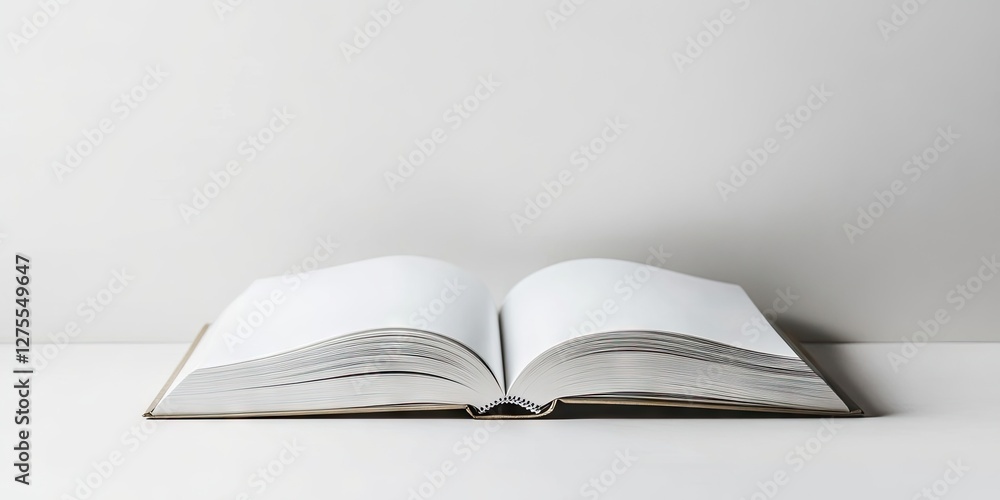 Poster minimalist open white book on a clean surface with blank pages, positioned horizontally, showcasing 